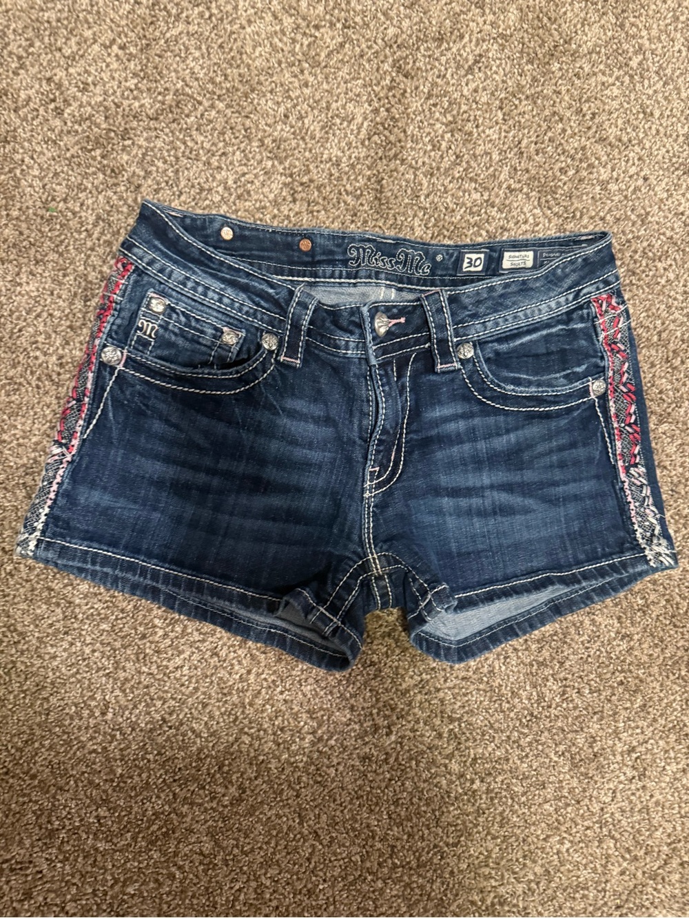 Miss Me Women's Dark Blue Denim Shorts with Embroidered Side Trim